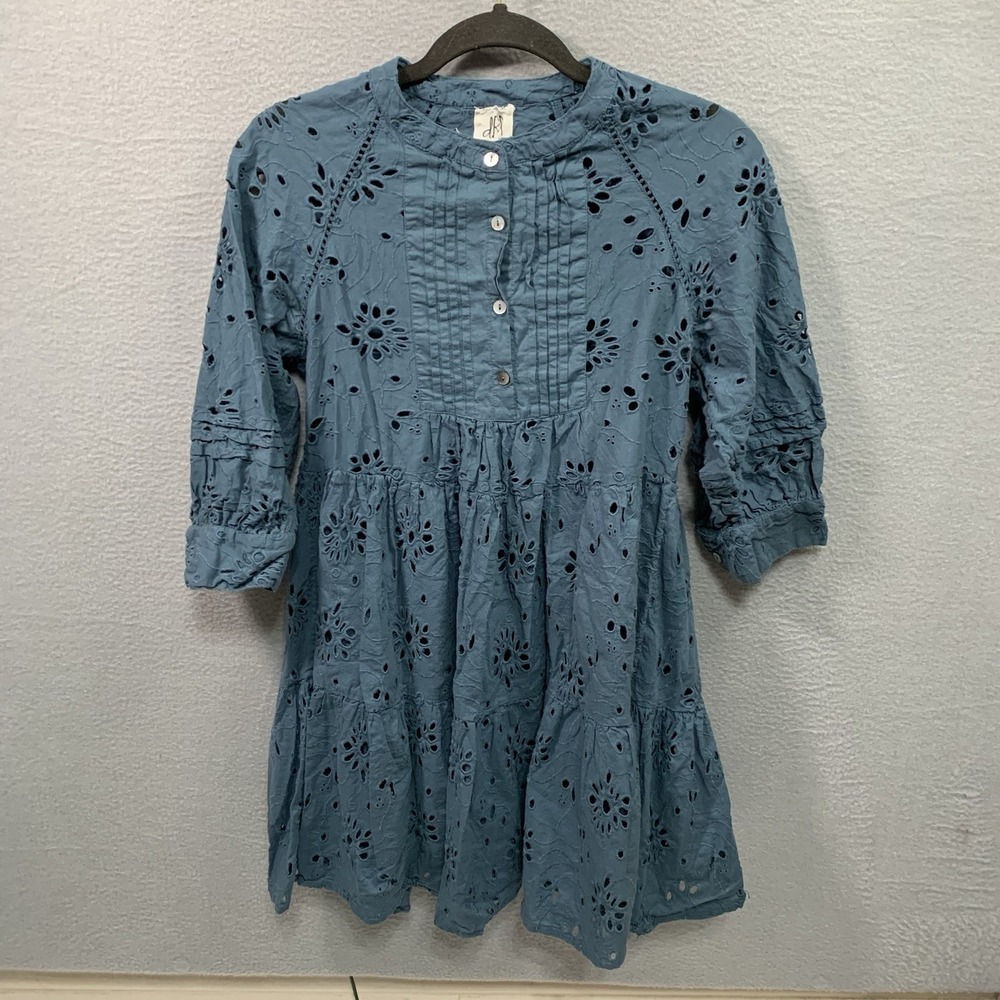 dRA Los Angeles Yara Dress Womens Small Teal Eyelet Cotton 3/4 Sleeve Pleated
